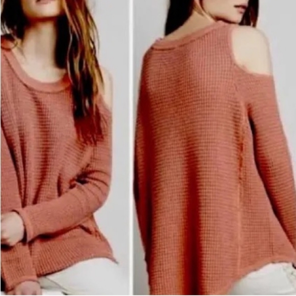 Free People Women's Sunset Orange Waffle Knit Cold Shoulder Sweater Small - Picture 5 of 6